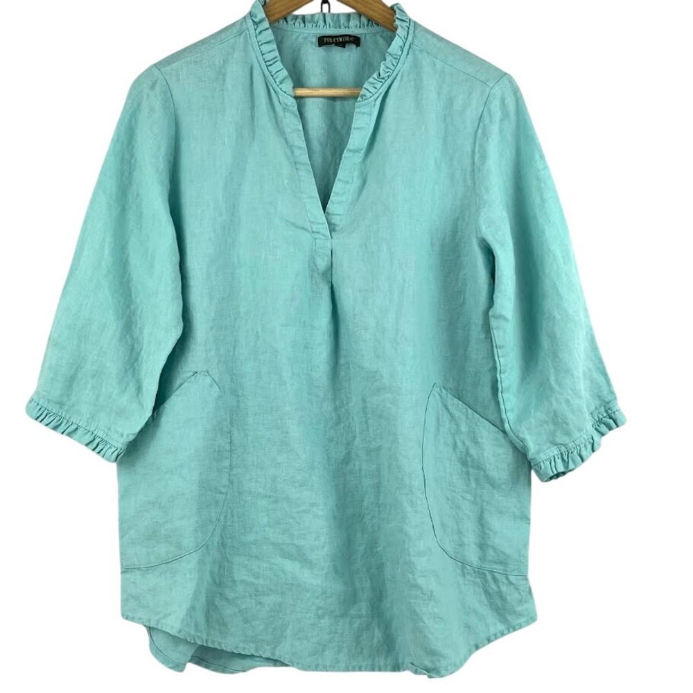 FOR CYNTHIA Womens M 100%‎ Linen Top Blouse 3/4 Sleeve Ruffle Neck Pockets Teal